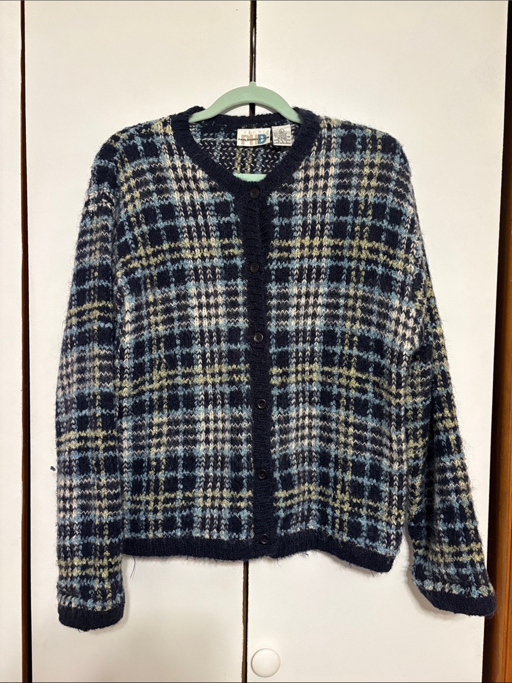 Vintage 80s/90s Paul Harris Design Plaid Mohair Blend Cardigan Sweater
